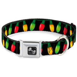 Dog Bone Black/Silver Seatbelt Buckle Collar - Christmas Lights Black/Multi Color