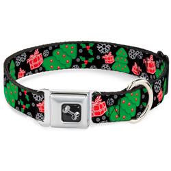 Dog Bone Black/Silver Seatbelt Buckle Collar - Christmas Collage Black/White/Green/Red