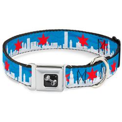 Dog Bone Black/Silver Seatbelt Buckle Collar - Chicago Skyline/Flag Distressed Black/White/Red