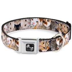 Dog Bone Black/Silver Seatbelt Buckle Collar - Cat Faces Stacked