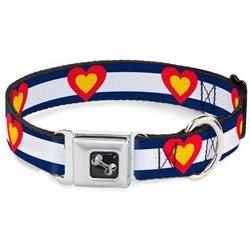 Dog Bone Black/Silver Seatbelt Buckle Collar - Colorado Heart Blue/White/Red/Yellow