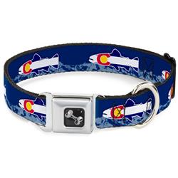 Dog Bone Black/Silver Seatbelt Buckle Collar - Colorado Trout Flag Blue/White/Red/Yellow