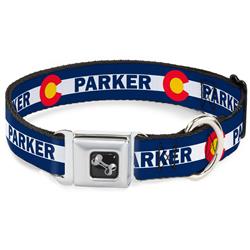 Dog Bone Black/Silver Seatbelt Buckle Collar - Colorado PARKER Flag Blue/White/Red/Yellow