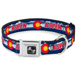 Dog Bone Black/Silver Seatbelt Buckle Collar - Colorado ASPEN Flag/Snowy Mountains Weathered Blue/White/Red/Yellows