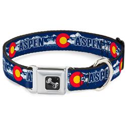 Dog Bone Black/Silver Seatbelt Buckle Collar - Colorado ASPEN Flag/Snowy Mountains Weathered2 Blue/White/Red/Yellows