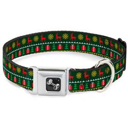 Dog Bone Black/Silver Seatbelt Buckle Collar - Christmas Sweater Stitch Green/White/Gold/Red