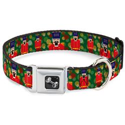 Dog Bone Black/Silver Seatbelt Buckle Collar - Christmas Nutcracker/Polka Dots Greens/Gold/Red
