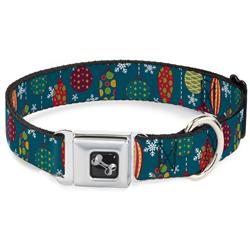 Dog Bone Black/Silver Seatbelt Buckle Collar - Christmas Ornaments/Snowflakes Blue/White/Multi Color