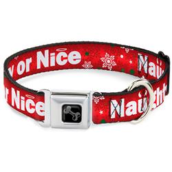 Dog Bone Black/Silver Seatbelt Buckle Collar - Christmas NAUGHTY OR NICE/Snowflakes Reds/White/Green