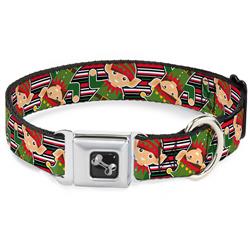 Dog Bone Black/Silver Seatbelt Buckle Collar - Christmas Elves/Stripes Black/Red/White/Green