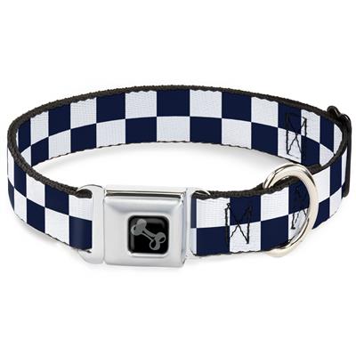 Dog Bone Black/Silver Seatbelt Buckle Collar - Checker Midnight Blue/White