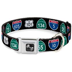 Dog Bone Black/Silver Seatbelt Buckle Collar - California Highway Signs Black