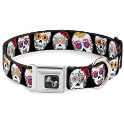 Dog Bone Black/Silver Seatbelt Buckle Collar - Staggered Sugar Skulls CLOSE-UP Black/Multi Color