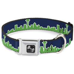 Dog Bone Black/Silver Seatbelt Buckle Collar - Seattle Skyline Navy/Bright Green