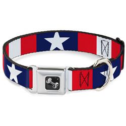 Dog Bone Black/Silver Seatbelt Buckle Collar - Stars & Stripes Ribbon Red/Blue/White