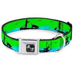 Dog Bone Black/Silver Seatbelt Buckle Collar - SUP w/Dog Neon Green/Blues/Black