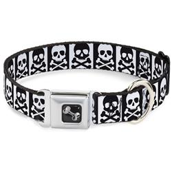Dog Bone Black/Silver Seatbelt Buckle Collar - Skull & Cross Bones Blocks Black/White White/Black
