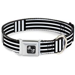 Dog Bone Black/Silver Seatbelt Buckle Collar - Stripe Blocks Black/White