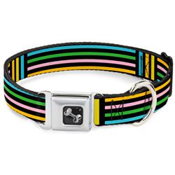 Dog Bone Black/Silver Seatbelt Buckle Collar - Stripe Blocks Black/Multi Pastel