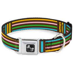 Dog Bone Black/Silver Seatbelt Buckle Collar - Stripe Blocks Brown/Multi Pastel