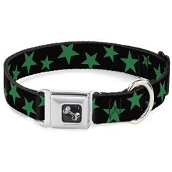 Dog Bone Black/Silver Seatbelt Buckle Collar - Stars Scattered Black/Green