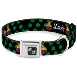 Dog Bone Black/Silver Seatbelt Buckle Collar - St. Pat's LUCKY Pot of Gold/Shamrocks Scattered Black/Green/White