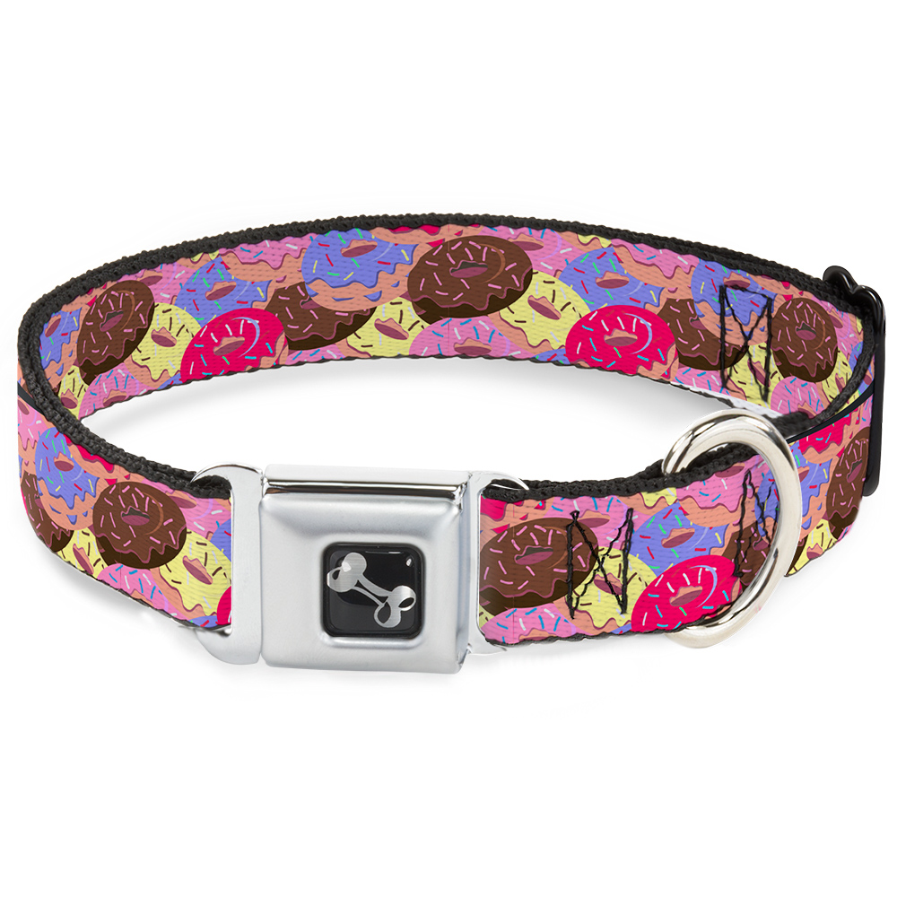 Dog Bone Black/Silver Seatbelt Buckle Collar Sprinkle Donuts Stacked