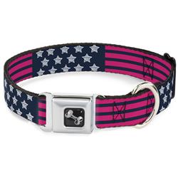 Dog Bone Black/Silver Seatbelt Buckle Collar - Stars & Stripes2 Blue/White/Pink