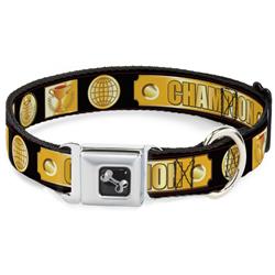 Dog Bone Black/Silver Seatbelt Buckle Collar - CHAMPION Belt/Icons Black/Golds