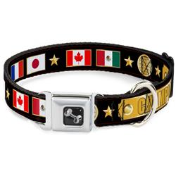 Dog Bone Black/Silver Seatbelt Buckle Collar - CHAMPION Belt/Flags/Stars Black/Golds