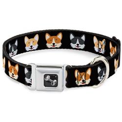Dog Bone Black/Silver Seatbelt Buckle Collar - Corgi 3-Faces Black
