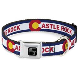 Dog Bone Black/Silver Seatbelt Buckle Collar - Colorado CASTLE ROCK Flag Blue/White/Red/Yellows