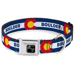 Dog Bone Black/Silver Seatbelt Buckle Collar - Colorado BOULDER Flag Blue/White/Red/Yellow