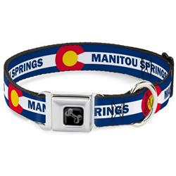 Dog Bone Black/Silver Seatbelt Buckle Collar - Colorado MANITOU SPRINGS Flag Blue/White/Red/Yellow