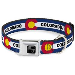 Dog Bone Black/Silver Seatbelt Buckle Collar - COLORADO Text Flag Blue/White/Red/Yellow