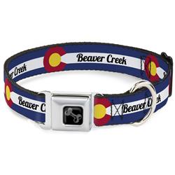 Dog Bone Black/Silver Seatbelt Buckle Collar - Colorado BEAVER CREEK Flag Blue/White/Red/Yellow