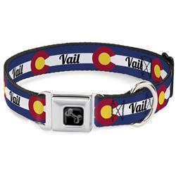 Dog Bone Black/Silver Seatbelt Buckle Collar - Colorado VAIL Flag Blue/White/Red/Yellow