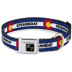 Dog Bone Black/Silver Seatbelt Buckle Collar - Colorado STEAMBOAT Flag Blue/White/Red/Yellow