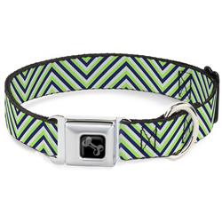 Dog Bone Black/Silver Seatbelt Buckle Collar - Chevron Stripe White/Neon Green/Navy