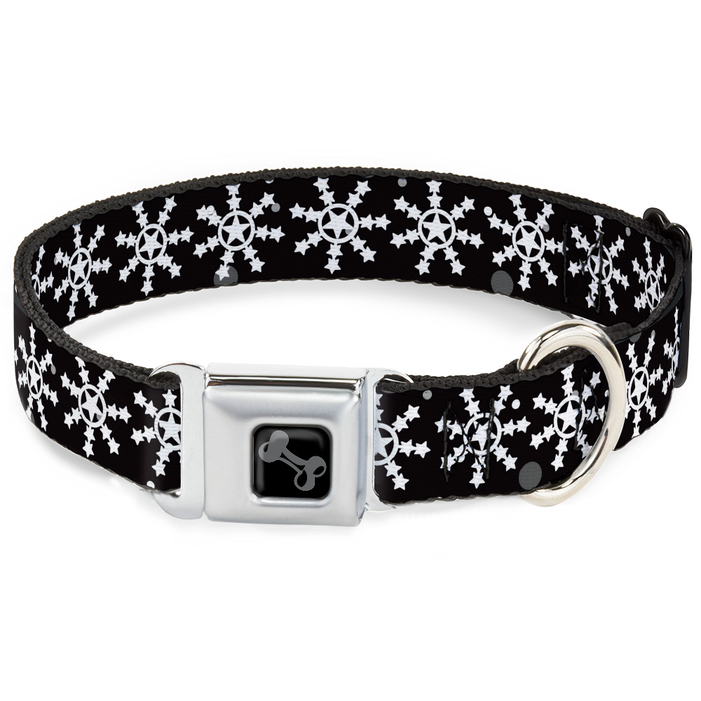 Dog Bone Black/Silver Seatbelt Buckle Collar Starry Snowflakes Black