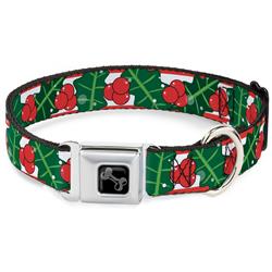 Dog Bone Black/Silver Seatbelt Buckle Collar - Snowy Holly Stripe Reds/White/Greens