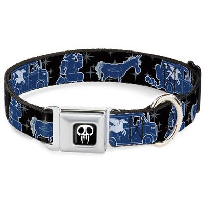 Onward Skull Icon Full Color Black/White Seatbelt Buckle Collar - Onward Barley/Unicorn/Guinevere Icons/Stars Black/Gray/Blues