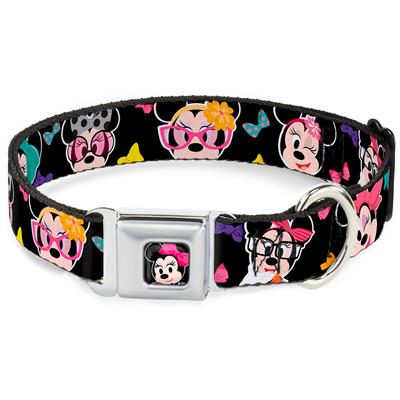 Mini Minnie Mouse Face CLOSE-UP Black Seatbelt Buckle Collar - Mini Minnie Expressions/Bows Black/Multi Color