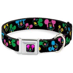 Mickey Mouse Face Full Color Black/Multi Neon Seatbelt Buckle Collar - Mickey Mouse Expressions Scattered Black/Multi Neon