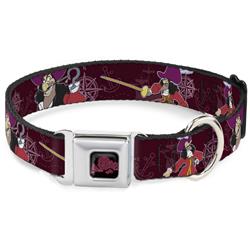 Peter Pan Skull Rock Full Color Black/Burgundy Seatbelt Buckle Collar - Captain Hook Poses/Nautical Elements Burgundy