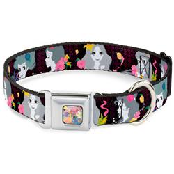 Floral Collage Full Color Seatbelt Buckle Collar - Princess Silhouettes Dots Black/Purple/Gray/Multi Color