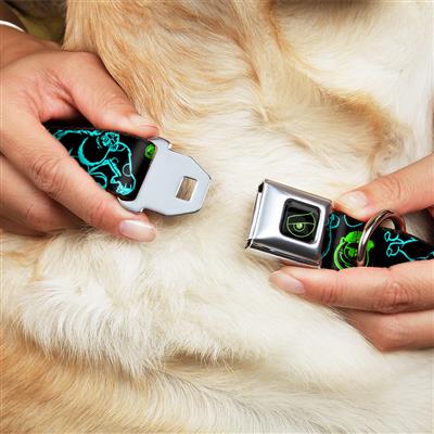 Monsters Eye Full Color Black/Neon Green Seatbelt Buckle Collar - Monsters Inc. Sully & Mike Poses/GRRRRR! Black/Turquoise/Green