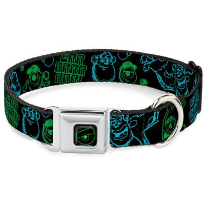 Monsters Eye Full Color Black/Neon Green Seatbelt Buckle Collar - Monsters Inc. Sully & Mike Poses/GRRRRR! Black/Turquoise/Green