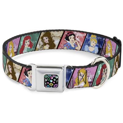Princess Jewels Full Color Black/Multi Color Seatbelt Buckle Collar - Disney Princess Poses/Castle Blocks