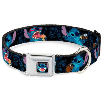 Stitch Smiling Full Color CLOSE-UP Seatbelt Buckle Collar - Stitch Snacking Poses Black/Blue